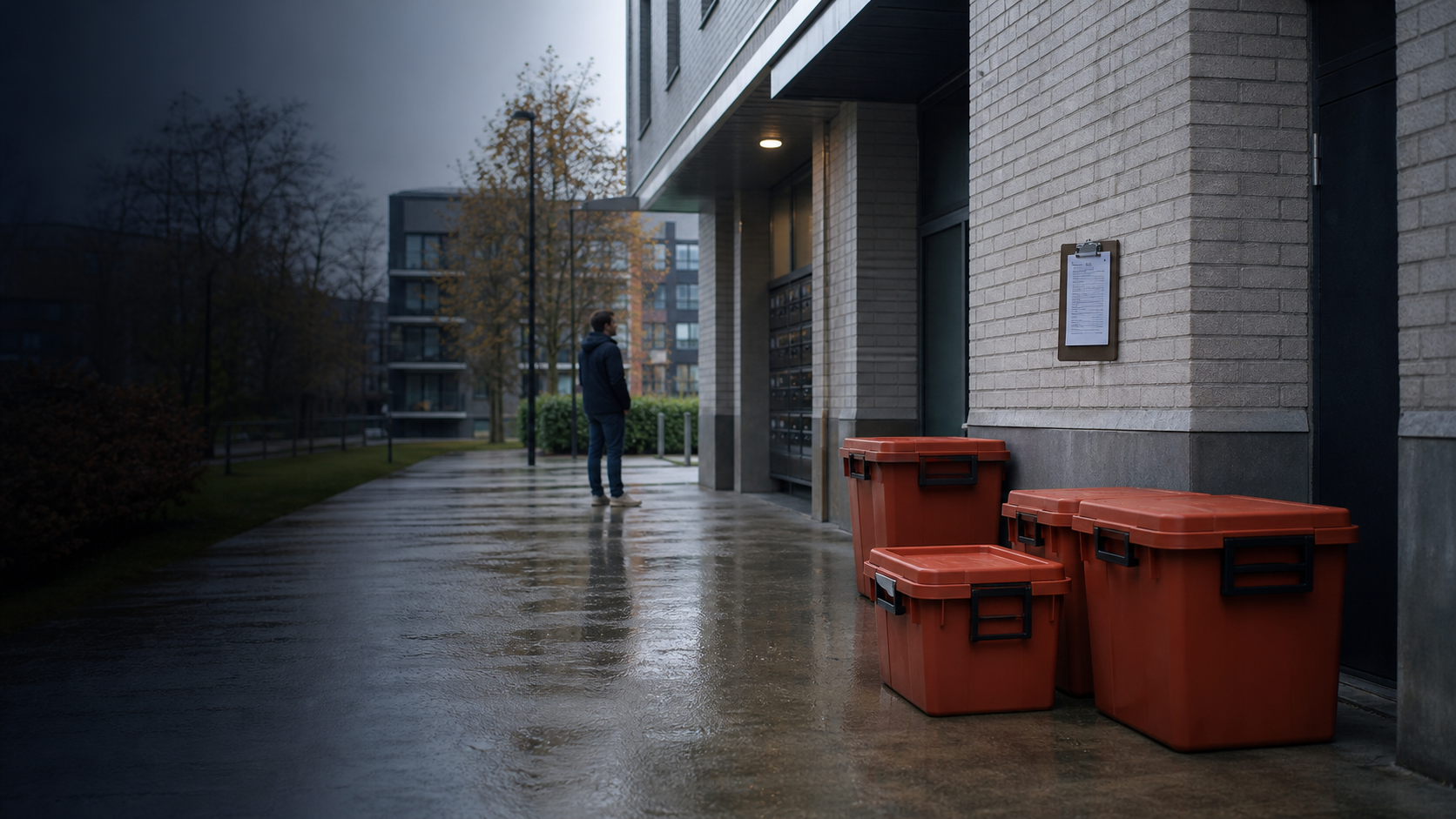Orange household electronic and hazardous waste boxes waiting near a Danish residential service entrance.