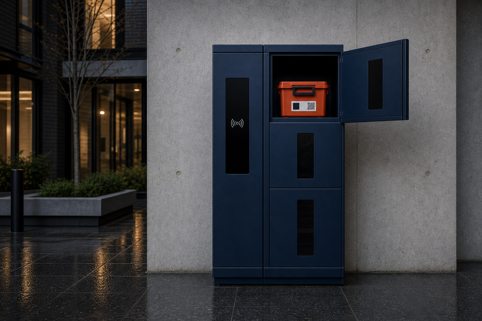 Slim Cirkelø smart cabinet installed beside a Danish public building with viewing panels and an orange box inside.