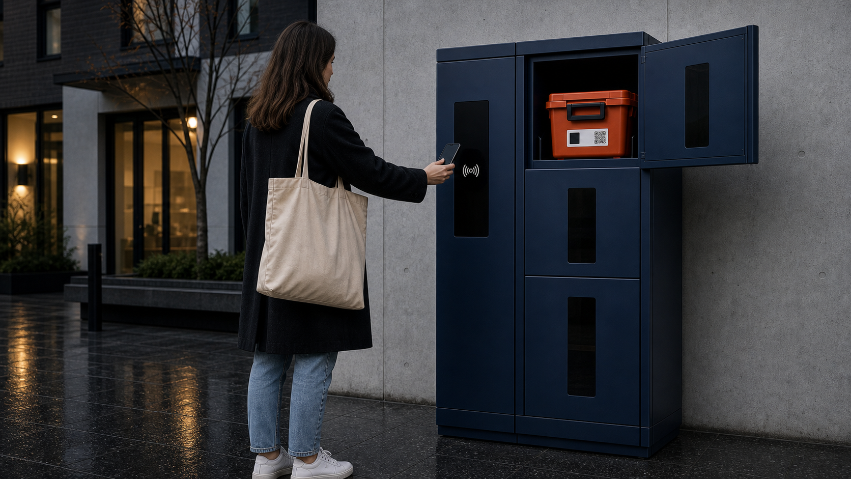Resident using a phone at the simple QR and NFC access panel while placing a box into the Cirkelø cabinet.
