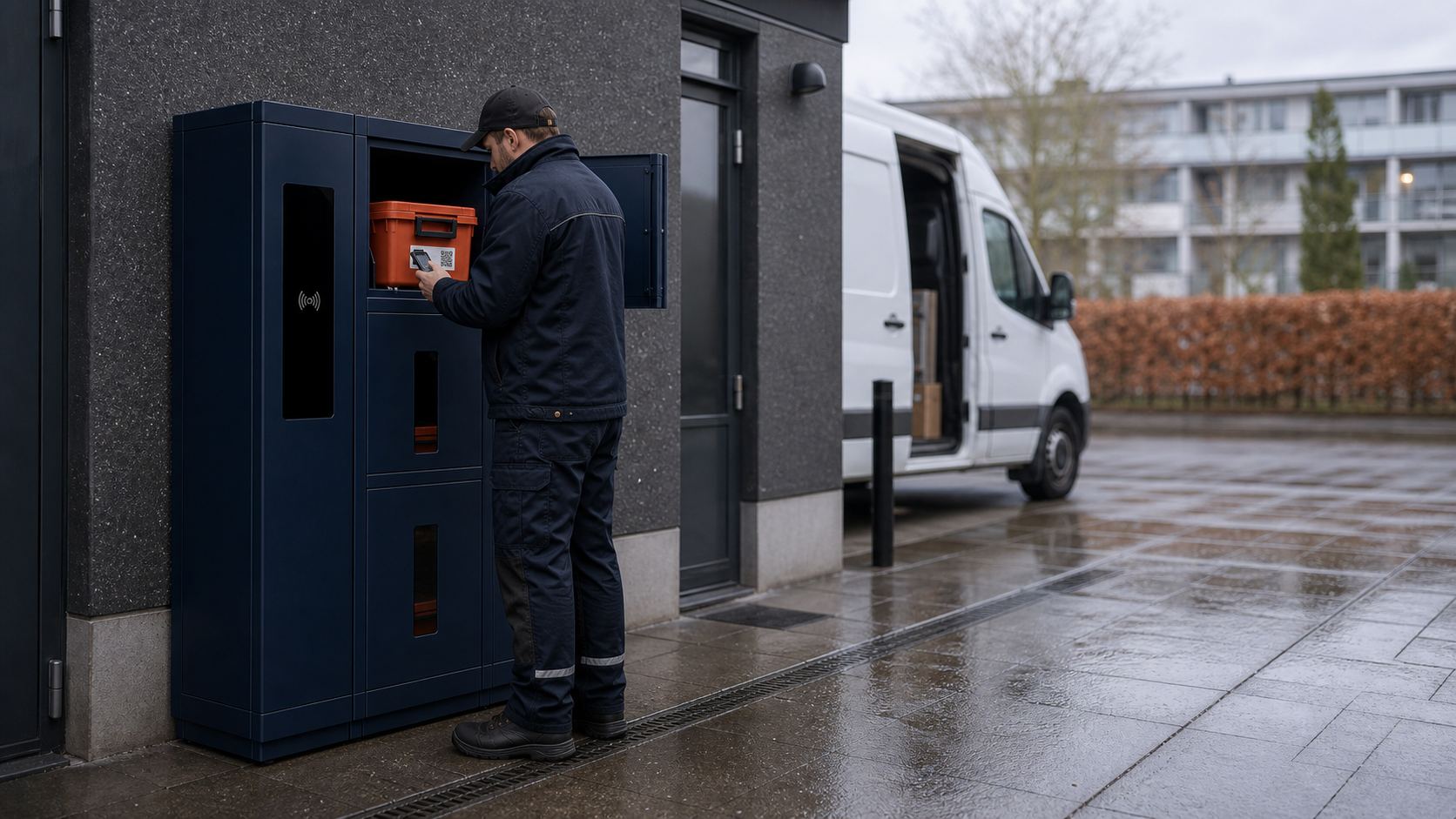 Collection worker scans an orange box beside a Cirkelø cabinet with consistent viewing panels.