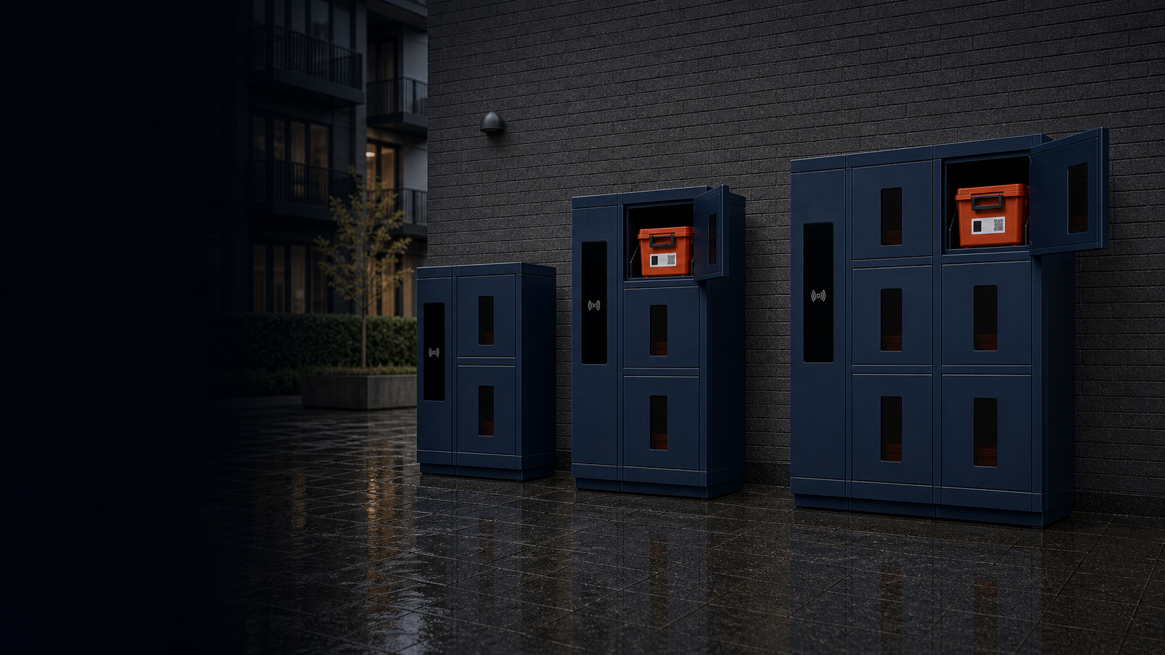 Three Cirkelø cabinet configurations with two, three, and six same-size box compartments installed on a Danish residential wall.