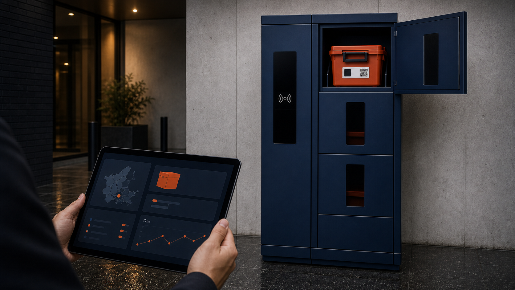 Collection worker scans a QR label on a box beside a cabinet that records weight internally.